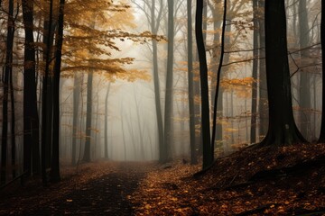Fototapeta premium Enchanting Autumn Fog Creates A Mystical Forest Ambiance