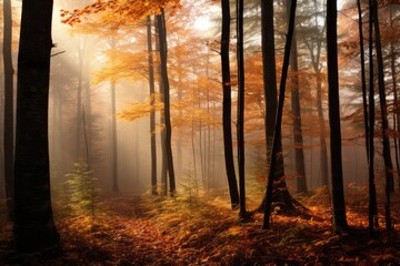 Fall Fog In Forest Offers Mystical View Of Forest Shrouded In Autumn Fog