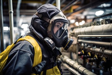 Naklejka premium Technologist Wearing Gas Mask Inspects Major Industrial Gas Leak