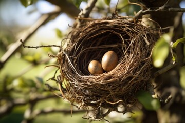 Landscape with nest with bird eggs in a tree, concept of nature and animal life. Generative AI