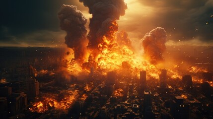Fototapeta premium Massive explosion rocks a cityscape, engulfing buildings in flames.