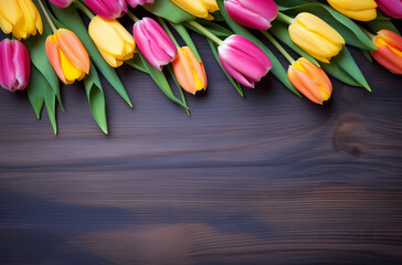 colorful tulips with wooden background, top view, in the style of dark gray and light amber, yellow and pink