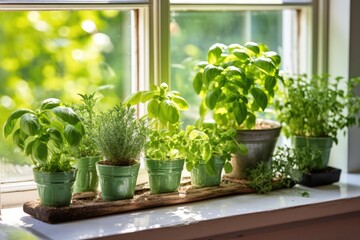 Fresh Herb Oasis: Sunlit Kitchen Windowsill Abounding With Pots Of Herbs