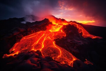 Glowing Molten Lava: Spectacle Of Flowing Volcanic Activity