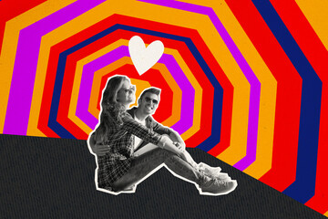 Artwork collage image of two positive idyllic soulmates embrace heart symbol isolated on creative...