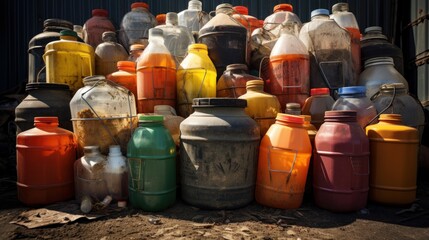 Used pesticide containers clutter together, demonstrating the aftermath of agricultural processes.