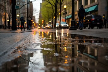 Spring Rain On City Streets Reflects City Life In Puddles During Spring Showers