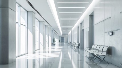 Empty modern hospital corridor, clinic hallway interior background with white chairs for patients waiting for doctor visit. Contemporary waiting room in medical office