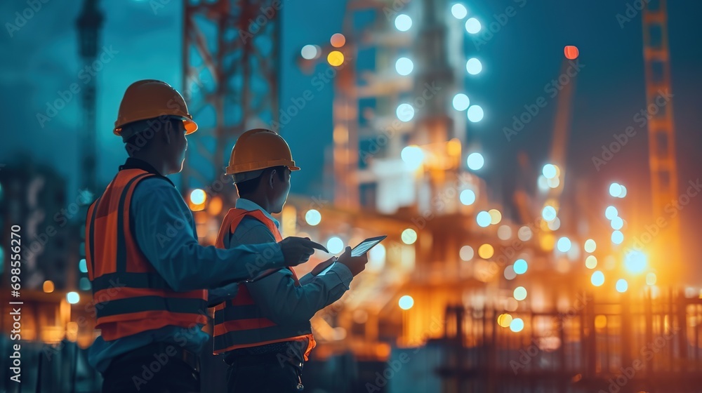 Poster engineer and architect analyzing of under construction project with technology and new innovative on
