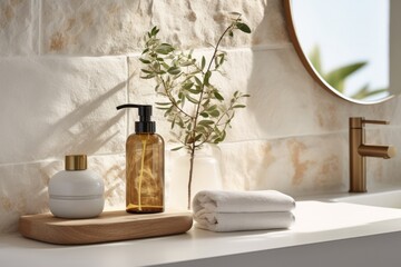 Obraz na płótnie Canvas Amber glass soap dispenser on a stone surface with eucalyptus leaves and a white towel.
