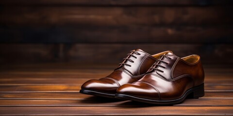A pair of polished brown leather shoes on a rustic wooden floor. - obrazy, fototapety, plakaty
