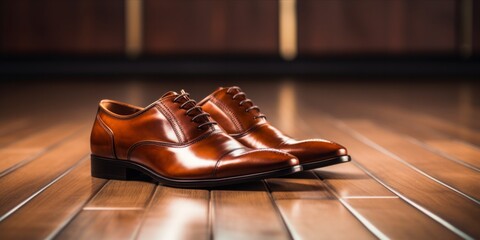 A pair of polished brown leather shoes on a rustic wooden floor. - obrazy, fototapety, plakaty