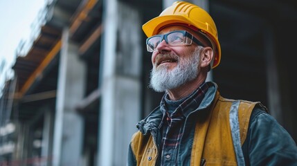 Engineer builder. Happy Foreman work in construction site. senior worker project designer leader