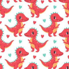 Cute dinosaur seamless pattern. Cute colored dinosaurs for nursery, kids clothing. Kids pattern in flat cartoon style.