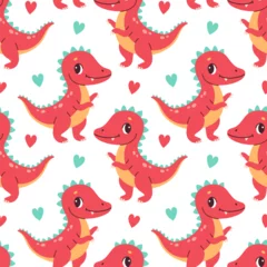 Zelfklevend Fotobehang Draak Cute dinosaur seamless pattern. Cute colored dinosaurs for nursery, kids clothing. Kids pattern in flat cartoon style.