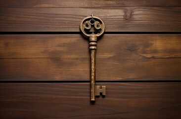 Old key on rustic wooden background, digital illustration. Generative AI