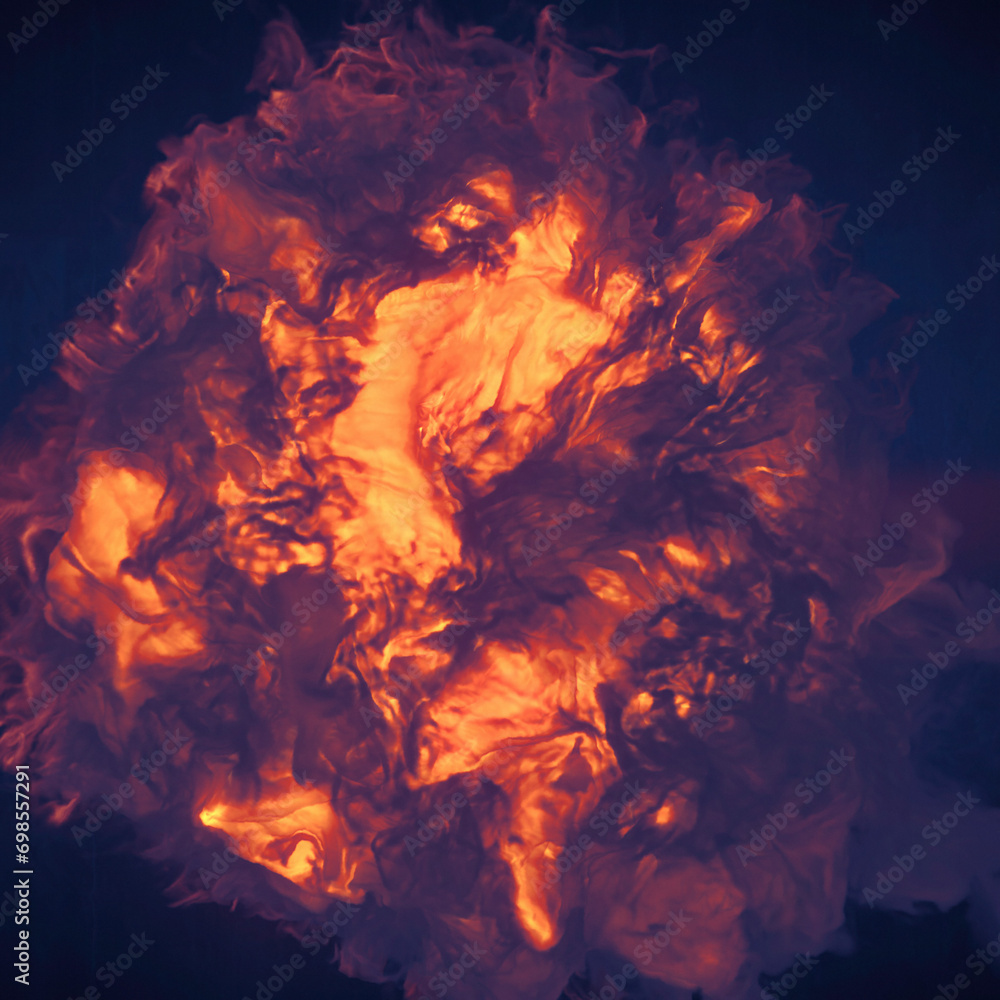 Poster digital illustration of neon chemical flame flow with swirls of purple smoke around it. 3d rendering