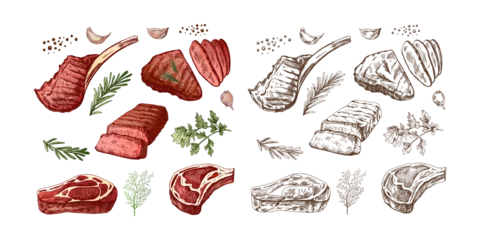 Fotobehang A set of hand-drawn sketches of barbecue meat pieces with herbs and seasonings. For the design of menu for restaurants, steaks. Vintage illustration. Engraved image. © Mariia Mazaeva