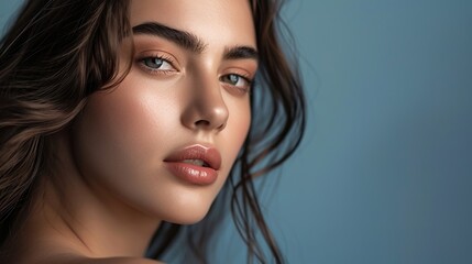 Naklejka premium Face, beauty and hair with a model woman in studio on a blue background for haircare or wellness. Salon, hairstyle and cosmetics with an attractive young female posing to promote keratin treatment