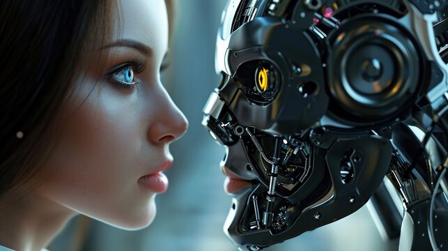 face of a businesswoman and a robot opposite each other look into the eyes. Modern technologies, robot versus human