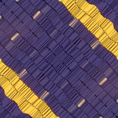 Colorful abstract design consisting of purple with yellow stripes stacking rectangular shapes. 3d rendering illustration