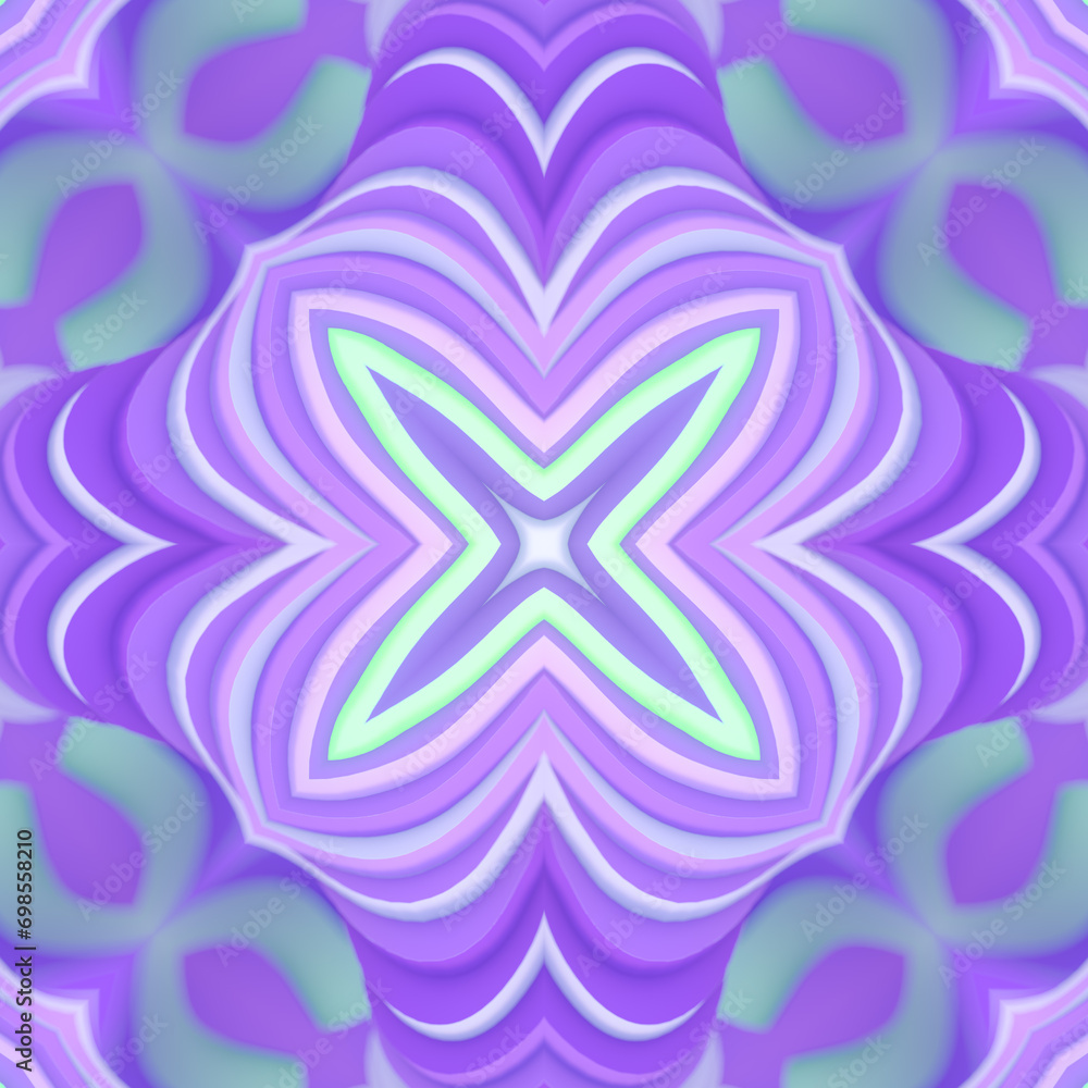 Poster Abstract design in purple and green color scheme reminiscent of kaleidoscope pattern. 3d rendering digital illustration