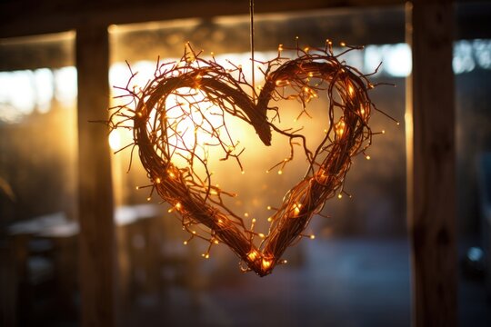 Landscape with heart lamp made of twigs, rustic style, concept of love and peace. Generative AI