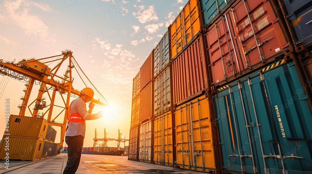 Poster foreman control loading containers box from cargo freight ship for import export