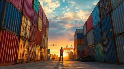 Fototapeta premium Foreman control loading Containers box from Cargo freight ship for import export