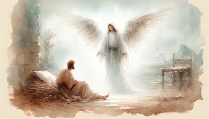An Angel appears to Joseph. Biblical. Christian religious watercolor Illustration - obrazy, fototapety, plakaty