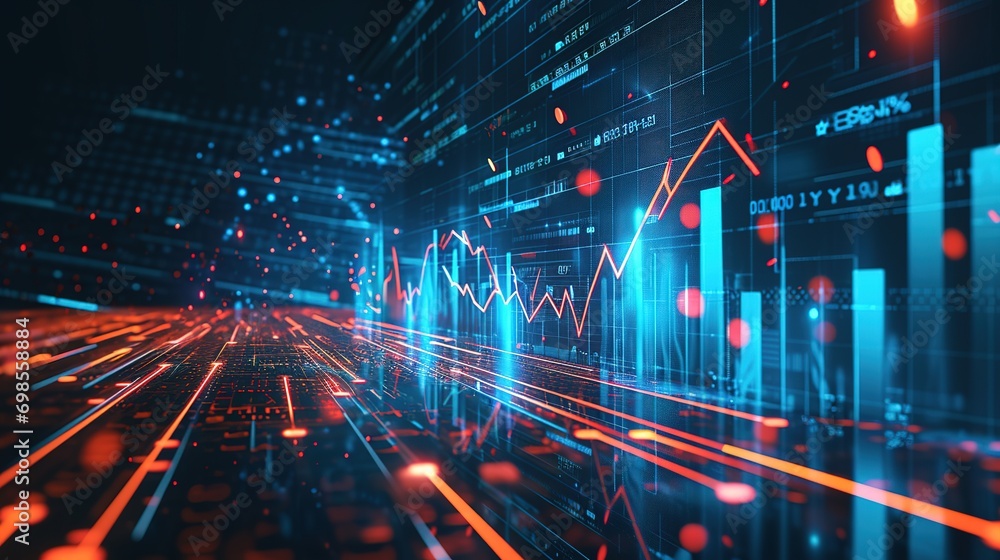 Poster futuristic raise arrow chart digital transformation abstract technology background. big data and bus