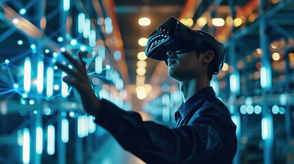 Future virtual reality technology for innovative VR warehouse management . Concept of smart technology for industrial revolution