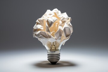 Light bulb and crumpled paper ball, concept of ideas and business, digital illustration. Generative AI