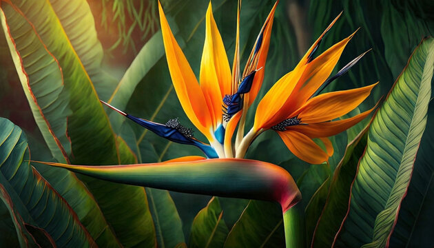 Tapeta z motywem kwiatu Strelicja, rajski ptak, Madera. Generative AI