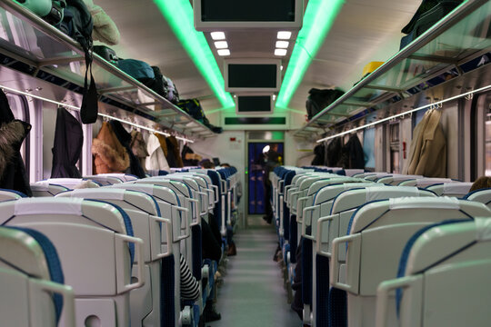 Katowice, Poland - 11 December 2023: The interior of an Eurocity train running on international routes