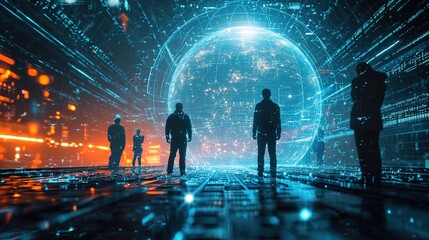Global hologram, business people and digital transformation with scifi, cyberpunk or information technology light innovation background. Futuristic - obrazy, fototapety, plakaty