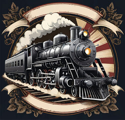 Locomotive steam train vintage design for t-shirt - obrazy, fototapety, plakaty