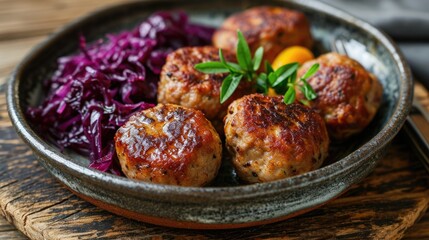 Frikadeller - Danish meatballs, pan-fried and served with red cabbage - obrazy, fototapety, plakaty