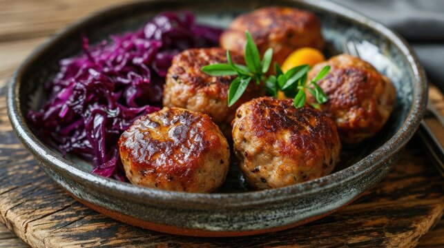 Frikadeller - Danish meatballs, pan-fried and served with red cabbage
