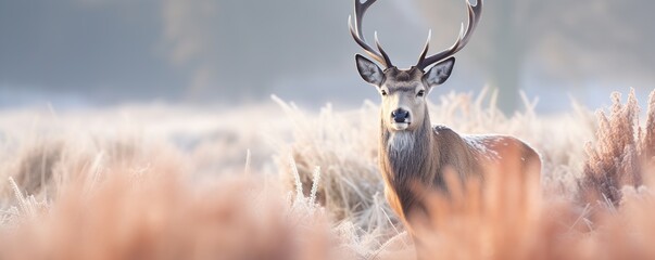 beautiful view of deer in the grass in winter - obrazy, fototapety, plakaty