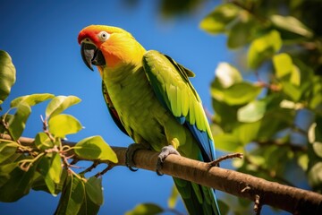 Obraz premium Landscape with beautiful green parrot on a branch, wildlife concept. Generative AI