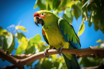 Landscape with beautiful green parrot on a branch, wildlife concept. Generative AI
