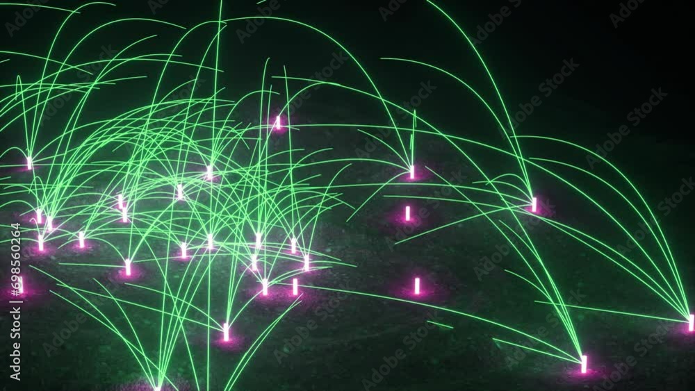 Poster a network of green neon trails emerges from glowing nodes on a dark terrain in this 3d animation.