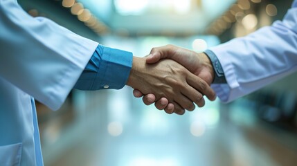 Handshake with doctors at a hospital, clinic or medical facility for good job, success or approval. Healthcare, health and thank you, shaking hands or clapping, congratulations or welcome onboard - obrazy, fototapety, plakaty