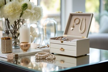 Open jewelry box displaying various pieces of jewelry with a bell shaped brass lamp in the background. - obrazy, fototapety, plakaty