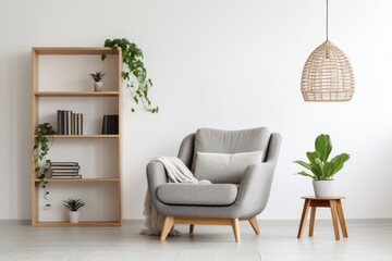 Modern minimalist living space with a rattan chair, white shelving unit, and houseplants.