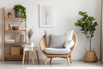 Modern minimalist living space with a rattan chair, white shelving unit, and houseplants.