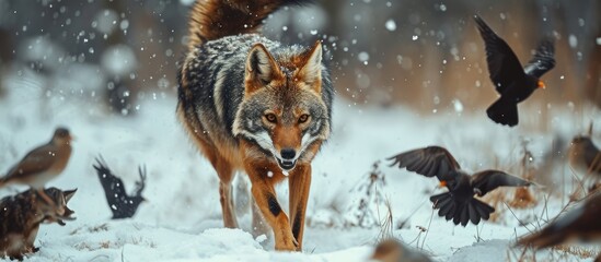 Furious jackal in winter, attacking birds. - obrazy, fototapety, plakaty
