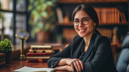 happy and woman lawyer portrait in office with optimistic smile for professional legal career. Confident expert and attorney employee at corporate workplace smiling with positive mindset - obrazy, fototapety, plakaty