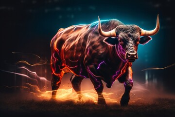 A digital art representation of a bull glowing with neon lights and lightning effects. - obrazy, fototapety, plakaty